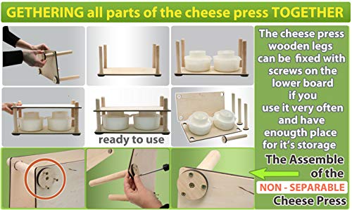 Wooden Cheese Press for Cheese Making Supplies 16 in Wooden Guides and 2 Cheese Mold with Follower Piston 1.3 Qt - Small Home Supply Ultimate Cheese Press Machine - Prensa Para Queso Casero