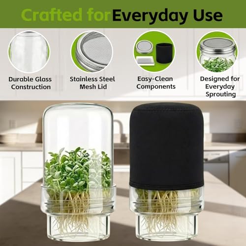 Sprouting Jar Kit, 2 Pack Wide Mouth Mason Jar Sprouter with Stainless Stee Screen Lids & Mess-Free Drip Covers Complete Indoor Microgreens Growing Kit Broccoli Alfalfa Gardening Gift
