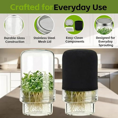 Sprouting Jar Kit, 2 Pack Wide Mouth Mason Jar Sprouter with Stainless Stee Screen Lids & Mess-Free Drip Covers Complete Indoor Microgreens Growing Kit Broccoli Alfalfa Gardening Gift