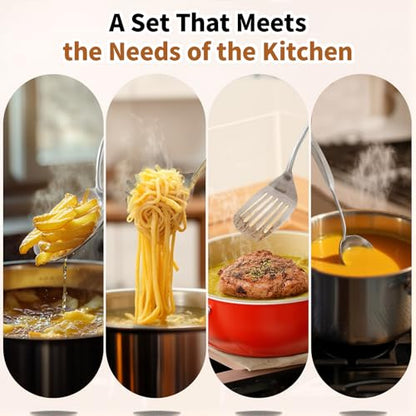 Newness 4 Pcs Cooking Utensils Set, 304 Stainless Steel Kitchen Utensils Set, Metal Kitchen Accessories, Include Soup Ladle, Slotted Skimmer Spoon, Spaghetti Spoon and Spatula, Dishwasher Safe - size: 4 PCS Cooking Utensils Set