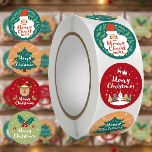500Pcs Merry Christmas Stickers Roll, Assorted Santa Tree Round Labels, Classroom Reward Envelope Seals, Xmas Holiday Party Favors Goodie Bag Fillers, Holiday Decorations - color: 500pcs- Merry Christmas Pattern