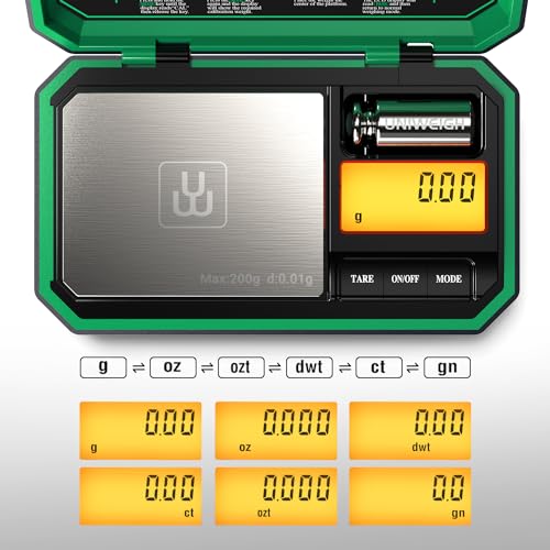 UNIWEIGH Digital Pocket Scale Precision 200g/0.01g Scale Grams Ounces | Mini Jewelry Scale, Coins Scale with 50g Cal Weights for Gold/Silver/Gems/Food,(Battery Included)-Green - color: Green