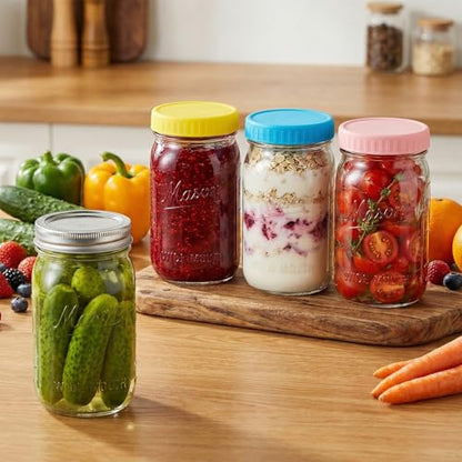 CycleMore 32 oz Wide Mouth Mason Jars with Airtight Metal Lids, 6-Pack Canning Jars with Colorful Plastic Lids & Pitcher Lid, Quart Jars for Overnight Oats, Pickling, Cold Brew, and Sun Tea