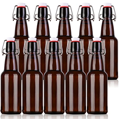 Amber Beer Bottles with Flip Caps, 12oz 10 Pack Glass Bottle with Swinging Top for Airtight Lids, Home Brewing and Fermentation Kombucha, Vanilla Extract, Beverage, Water, Kefir - size: 12 Ounces (10 Pack)