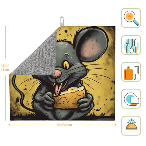 Dish Drying Mat for Kitchen Counter Absorbent Dish Draining Mat Heat Resistant Drying Pad for Table Protector Dishes Pad Rat Eats a Piece of Cheese Kitchen Drying Mat 18x16 inch
