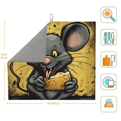 Dish Drying Mat for Kitchen Counter Absorbent Dish Draining Mat Heat Resistant Drying Pad for Table Protector Dishes Pad Rat Eats a Piece of Cheese Kitchen Drying Mat 18x16 inch