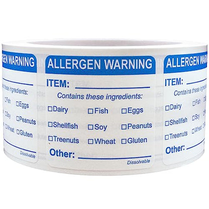 2" Square Allergen Food Warning Labels (Dissolvable), 500 Labels per Roll