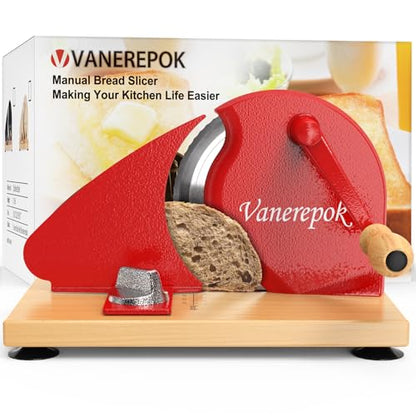 vanerepok Manual Bread Slicer Adjustable Thickness for Homemade Sourdough | Hand Crank Bread Cutter with Scale & Stable Suction Cups & Wood Base for Even Slicing Perfect Baking Gift for Home Bakers - color: Red