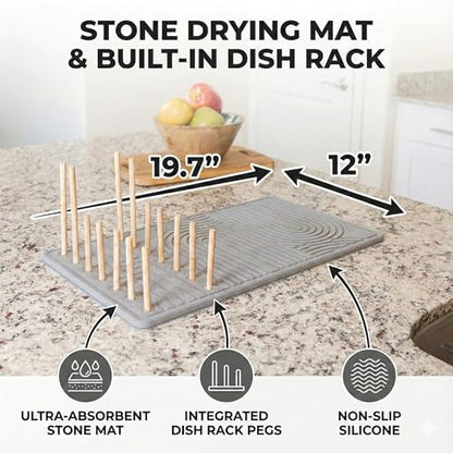 Stone Dish Drying Mat with Bamboo Rack – Fast-Drying Diatomaceous Earth Surface with Non-Slip Silicone Base – Eco-Friendly, Super Absorbent Drying Pad for Kitchen Countertops and Dishes (Gray)