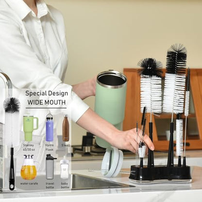 ALINK 8 Pack Black Bottle Brush Cleaning Set with Stand, Long Handle Bottle Cleaner with Holder for Narrow Neck Beer Wine Brewing Bottles, Stanley Water Bottles, Baby Bottles, Tumblers, Carafe, Straws - color: Black