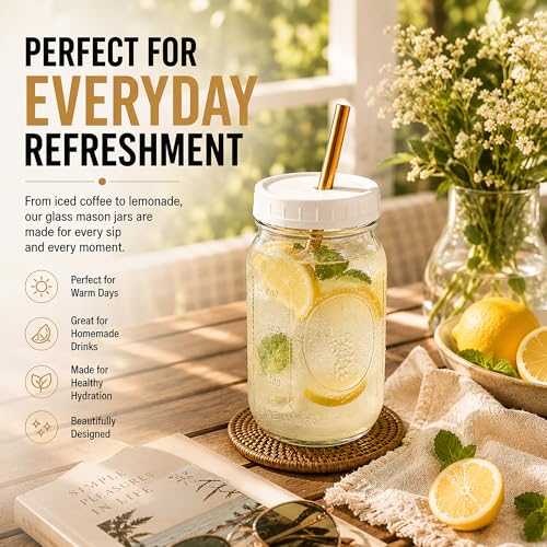 Boba Tea Cups 32 oz (2-Pack) – Mason Jar Glass Cups with Lids & Gold Stainless Steel Wide Straws for Bubble Tea, Smoothies & Iced Coffee