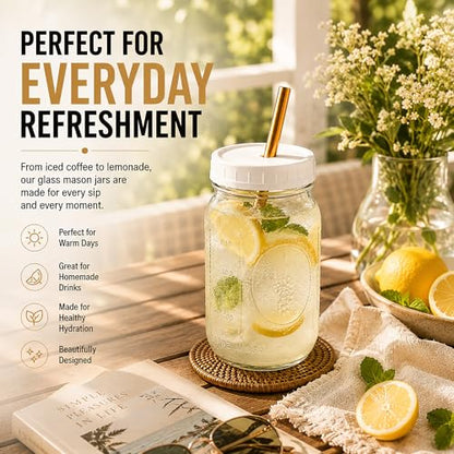 Boba Tea Cups 32 oz (2-Pack) – Mason Jar Glass Cups with Lids & Gold Stainless Steel Wide Straws for Bubble Tea, Smoothies & Iced Coffee