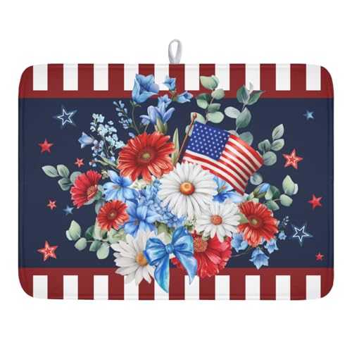 4th of July Dish Drying Mat for Kitchen Counter Patriotic Red Blue and White Floral American Flag Microfiber Dish Drainer Mat Absorbent Washable Drying Pad Extra Large 18"x24" - color: Patriotic Flowers, size: 24" x 18"