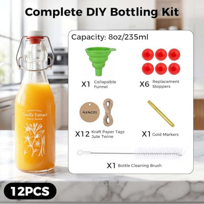 Ruckae 12 Pack 8oz Swing Top Glass Bottles with Airtight Stopper Lids-Flip Top Glass Bottle for Kombucha,Coquito, Syrup,Vanilla Extract,Brew Beer Kefir Bottles for Gift (8oz 12pack)