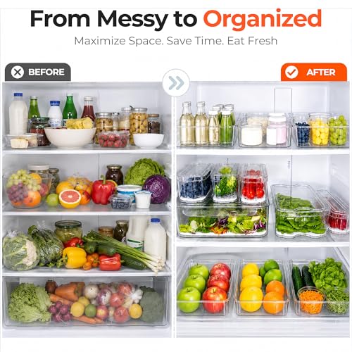 SMRCAD Clear Fridge Bins with Drain Trays - BPA-Free PET, Stackable(6 Pack) | 6 Pack: 1 Drawer + 5 lidded Bins, Helps Keep Produce Fresh, 16.3L Capacity, Hand Wash Only