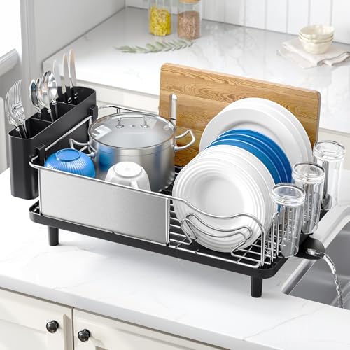Urackify Stainless Steel Dish Drying Rack - Large Capacity Kitchen Counter Organizer with Drain Board, Utensil Holder & Detachable Cup Shelf, Surgical-Grade Rust-Proof Dish Drainer, Easy Assembly - color: Black