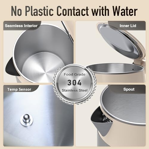 Mecity Electric Kettle 1.7L Touch Screen Temperature Control Water Boiler, No Plastic Contact with Water. 6 Presets For Tea and Coffee, 2 Hours Keep Warm, Auto Shut Off, Cream & Stainless Steel Color - color: Silver & Cream