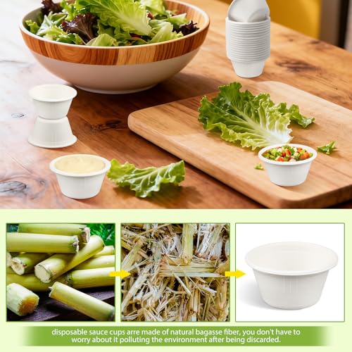 LeonBach 100 Pack Natural Bagasse Fiber Bowls 2oz Disposable Paper Cups Microwavable Safe Sample Snack Charcuterie Serving Cups Disposable Ramekins for Sauce Portion Condiment Ice Cream, White - color: White, style: 2oz-100 Pack