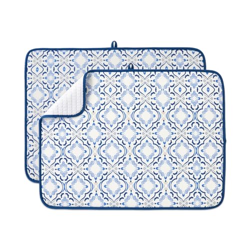 FRESHMINT Printed Dish Drying Mats for Kitchen Counter 2 Pack Absorbent Reversible Drying Mats Microfiber Kitchen Countertop Protector Dishes Drying Pad Extra Large 18"x24" Dish Mat - color: Morrocan Tile, size: 18''X24''