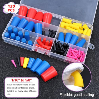 130PCS 1/16" to 5/8" Silicone Rubber Stoppers, 8 Sizes High Temp Silicone Rubber Protective Tapered Plug Assortment Kit, Masking System Kit Perfect for Powder Coating, Painting, Anodizing