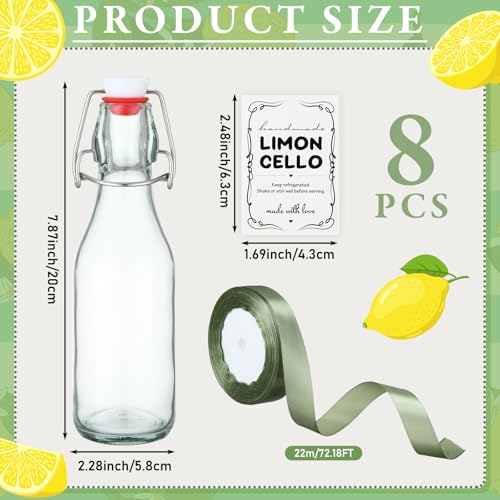 Teenyyou 8 Set 8.5 oz Limoncello Bottle Swing Top Glass Bottles for Limoncello Homemade Flip Top Brewing Bottles Airtight Cap Lids with Stickers and Ribbon for Home Wedding Baby Shower Party Favors