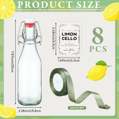Teenyyou 8 Set 8.5 oz Limoncello Bottle Swing Top Glass Bottles for Limoncello Homemade Flip Top Brewing Bottles Airtight Cap Lids with Stickers and Ribbon for Home Wedding Baby Shower Party Favors