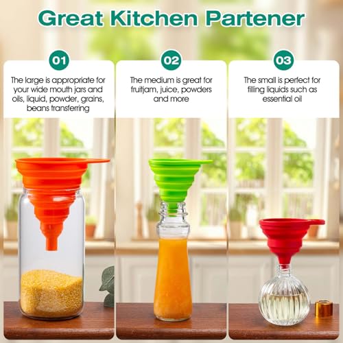 KALAVE Kitchen Funnel Set 6 Pack - Food Grade Silicone Collapsible Funnel, Funnels for Kitchen Use Filling Bottles, Daily Cooking, and Water or Powder Transfer. (Multicolor)