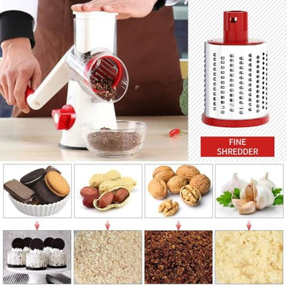 Cambom Rotary Cheese Grater Hand Crank Cheese Shredder for Fresh Cheese, Vegetable, Nuts,Non-slip Suction Base, Free Cleaning Brush Three Blades,Red White - color: Red+White, size: 3 BLADES