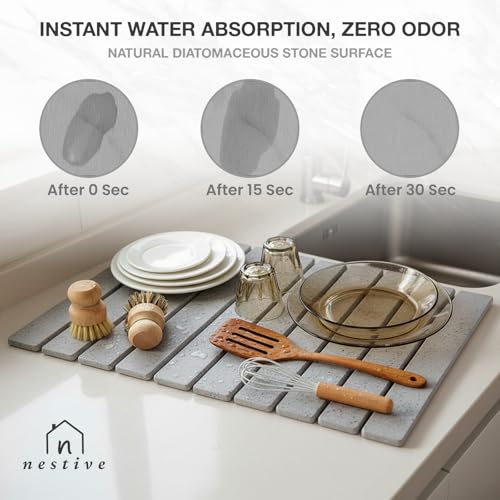 Large Stone Drying Mat for Kitchen Counter | 24"x16" | Fast Drying Collapsible Diatomaceous-Earth Mat | Super Absorbent Folding Mat for Dishes, Bottles, Glass, Heat-Resistant, Non-Slip (Light Gray) - color: Light Gray