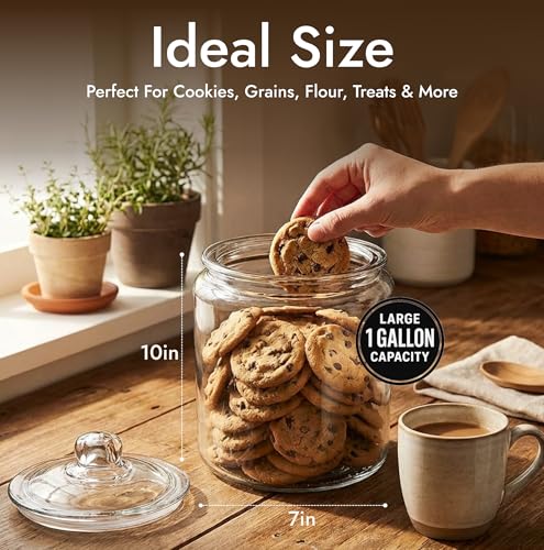 1 Gallon Glass Cookie Jar with Lid – Glass Jar with Lid - Airtight Food Storage Container for Cookies, Candy, Flour, Dog Treats – Clear Large Kitchen Jar for Pantry - Glass Containers with Lids