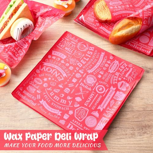 Outus 600 Pcs 12 x 12 Inch Deli Wax Paper Sheets Grease Resistant Tray Basket Liners Newsprint Paper Water and Grease Proof Sandwich Wrapping Square Hot Dog Wrappers for Food Baking (Red) - color: Red