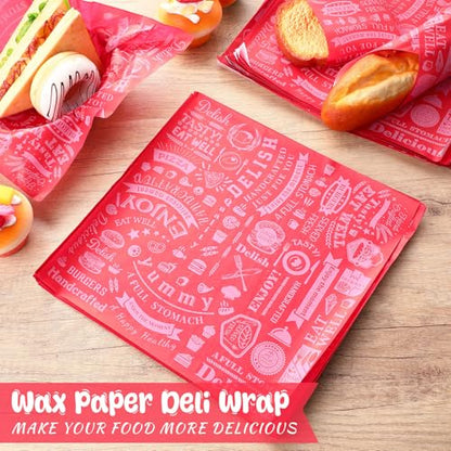 Outus 600 Pcs 12 x 12 Inch Deli Wax Paper Sheets Grease Resistant Tray Basket Liners Newsprint Paper Water and Grease Proof Sandwich Wrapping Square Hot Dog Wrappers for Food Baking (Red) - color: Red