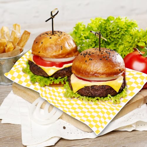 100pcs Deli Paper Sheets 12x12", Premium Food Basket Liners, Grease Resistant Wax Paper Sheets for Food, Classic Checkered Sandwich Wrapping Paper (Yellow & White) - color: Yellow & White