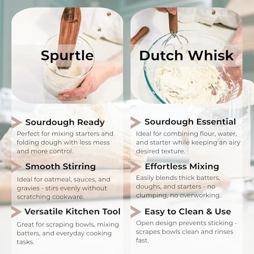 Dutch Dough Whisk & Teak Spurtle Set; Premium Stainless Steel Sourdough Whisk, Wooden Starter Jar Spatula; Sourdough Bread Baking Supplies for Home Bakers; BPA-Free, Bread Making Tools