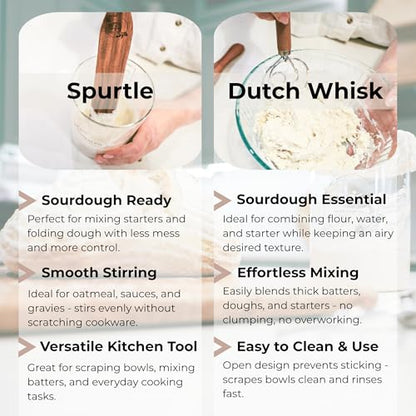 Dutch Dough Whisk & Teak Spurtle Set; Premium Stainless Steel Sourdough Whisk, Wooden Starter Jar Spatula; Sourdough Bread Baking Supplies for Home Bakers; BPA-Free, Bread Making Tools