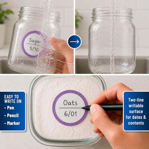 Water Soluble Labels for Food Containers – Dissolvable Kitchen Labels – No Sticky Residue – 2" Diameter, Two-Line Writable Surface, 200 Labels Per Roll (Purple) - color: Purple