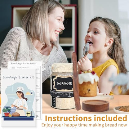 Kmise 2 Pack Sourdough Starter Jar Glass, 34 Oz Wide-mouth Sourdough Starter Jar Kit W/Acacia Spatula, Cholkboard Sign, Thermometer, Feeding Band, cloth cover,Reusable Sourdough Bread Baking Supplies - color: 2 ガラス