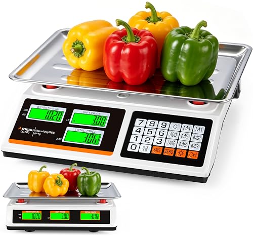 Atogou 1g Resolution Price Computing Scale with Dual-Sided Display, 88lb Commercial Food Kitchen Scale with Preset Price Keys, Plug-in or rechargeable,for Produce, Farmers Markets, Meat(Not for Trade)