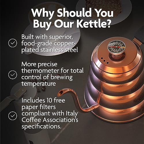 Viante Gooseneck Stovetop Pour Over Coffee Kettle, Built-in Thermometer | Precision spout for drip coffee & tea. Stainless steel with copper finish, 40 fl oz. Works on all cooktops