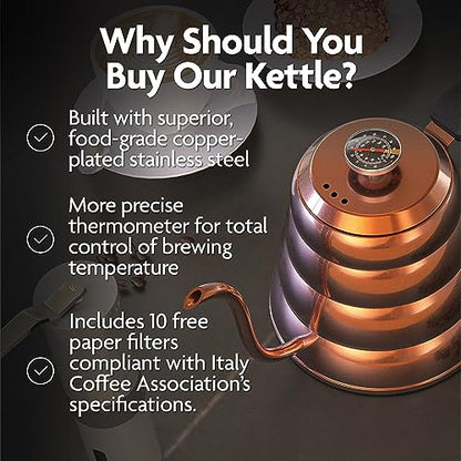 Viante Gooseneck Stovetop Pour Over Coffee Kettle, Built-in Thermometer | Precision spout for drip coffee & tea. Stainless steel with copper finish, 40 fl oz. Works on all cooktops