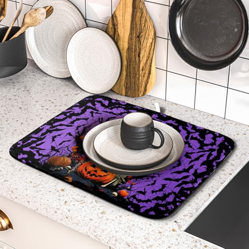 Giwawa Halloween Pumpkin Dish Drying Mat 16x18 inch Spooky Ghost Bat Dish Rack Mats Microfiber Draining Pad Fast Dry Holiday Kitchen Accessories - color: Halloween Purple, size: 16x18 inch