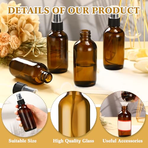 Fumete 2 Pack Glass Bottles 4oz Empty Refillable Liquid Containers with 1 Label 1 Funnel for Essential Oils Hair Travel Plants Cleaning Skin Care(Amber, Black Top,Mist Bottle) - color: Amber, Black Top, style: Mist Bottle