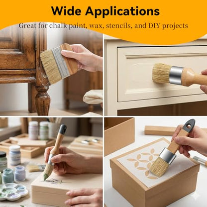 5 Pack Natural Bristle Chalk Paint Wax Brush Set, Multi-Size Wooden Handle Chalk Paint Brushes for Furniture Refinishing, Waxing, Chalk Paint, Milk Paint, DIY Craft & Home Restoration - size: 1 Large, 3 Small, Paddle Brush