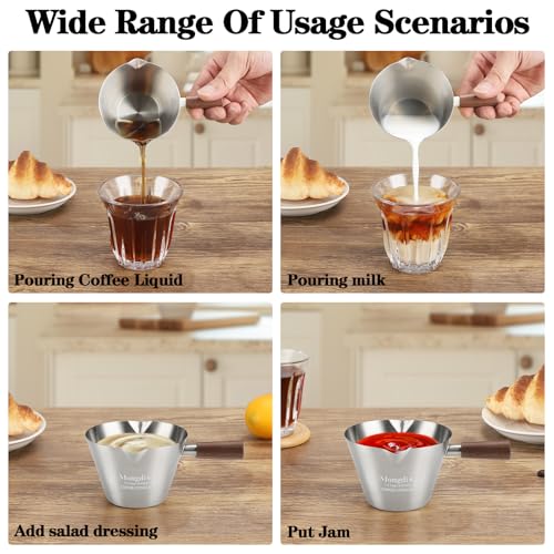 Mongdio 2 Pcs Espresso Measuring Cup, Stainless Steel Espresso Shot Cups with Wooden Handle and Double Spouts, 6.8OZ/200ML, Silver - color: Silver 2 pcs, size: 6.8oz