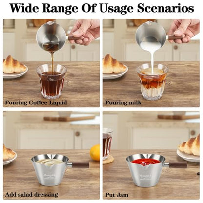 Mongdio 2 Pcs Espresso Measuring Cup, Stainless Steel Espresso Shot Cups with Wooden Handle and Double Spouts, 6.8OZ/200ML, Silver - color: Silver 2 pcs, size: 6.8oz