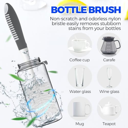 Holikme 6 Pack Dish Brush Set with Bottle Brush, Dish Scrub Brush, Pan Brush and 3 Straw Brushes, Deep Cleaning Handle Brush with Scraper Tip for Kitchen Sink Dishes Bottle Cup Pot and Pans (Gray) - color: Gray