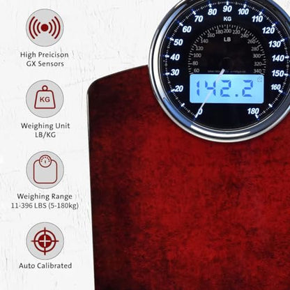 EILISON Highly Advance 2-in-1 Digital & Analog Weighing Scale for Body Weight-400lbs, 4 High Precison GX Sensor Accurate, Thick Tempered Glass, Extra Large Display (Red) - color: Red