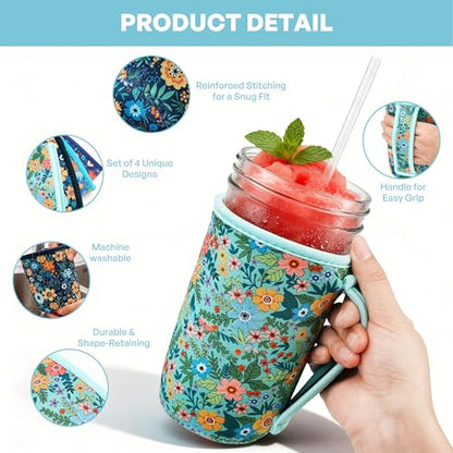 KJQJLY 4 Pcs Mason Jars Sleeves Neoprene 24oz Regular and Wide Mouth Mason Jar Sleeves Holder with Handle (Flowers, 24 OZ) - color: Flowers, size: 24 OZ