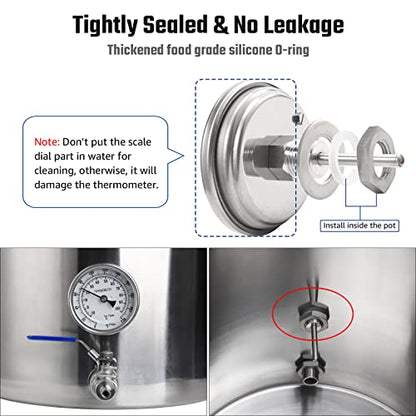 NPT 1/2 Brewing Dial Thermometer - Stainless Steel Kettle Thermometer with 3" Large Dial (0-220F / -10-100C)