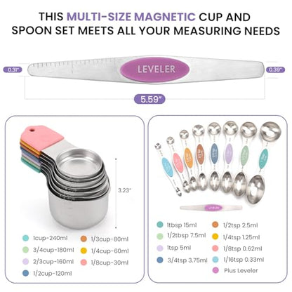 Magnetic Measuring Cups and Spoons Set-Heavy Duty 304 Stainless Steel，Double Measurement Markings，Set of 16 with Leveler for Measure Dry and Liquid Ingredients - color: Color